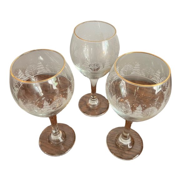 Unknown Other - 3 Hand Blown Glass Clear Goblet Wine Glasses Etched Winter Scene Snow Trees 7.5"